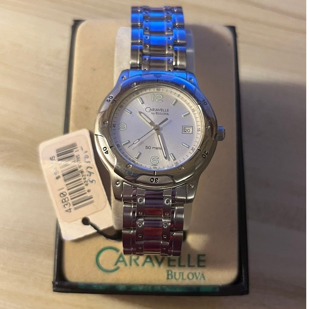 Caravelle by Bulova Mens Watch 43B01 Silver Tone Stainless Steel Date NOS NWT